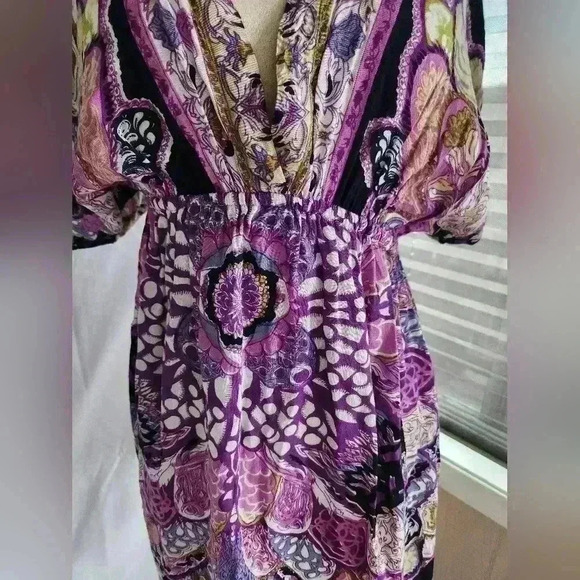 Magazine   elastic waist colorful v neck dress  Sz L - Picture 2 of 6